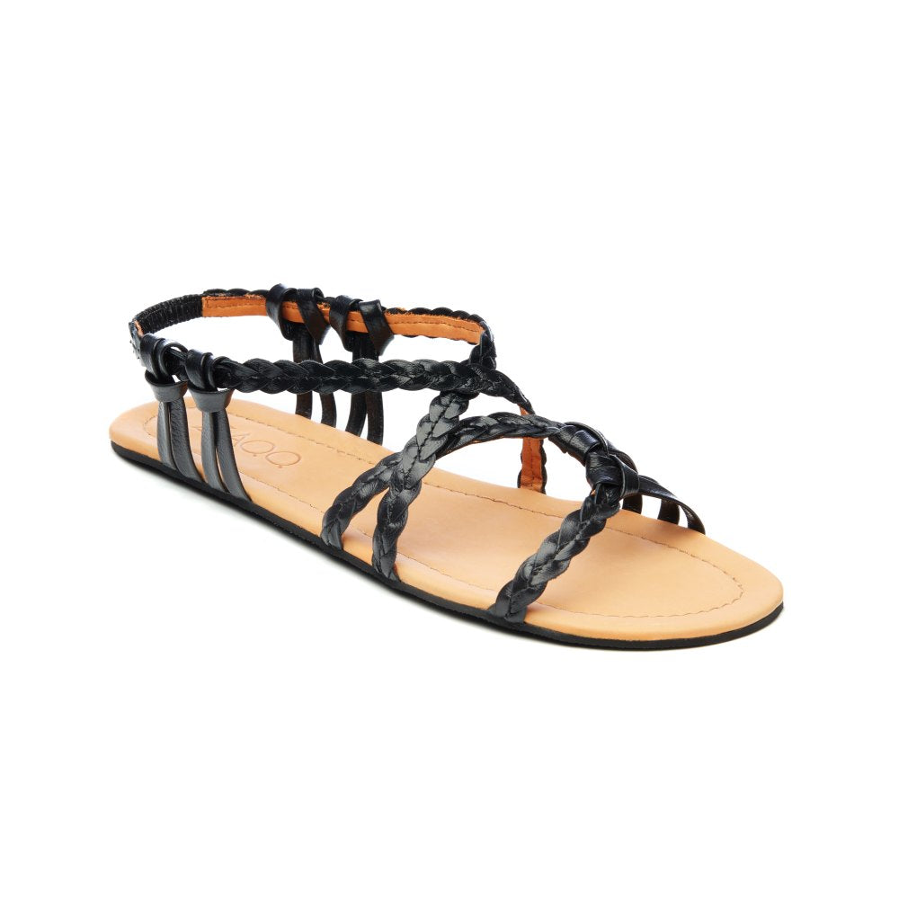 We present the QALMA Black from ZAQQ, a stylish leather sandal with intricately woven black braided straps, an open toe design and a flat beige rubber sole for a casual look.