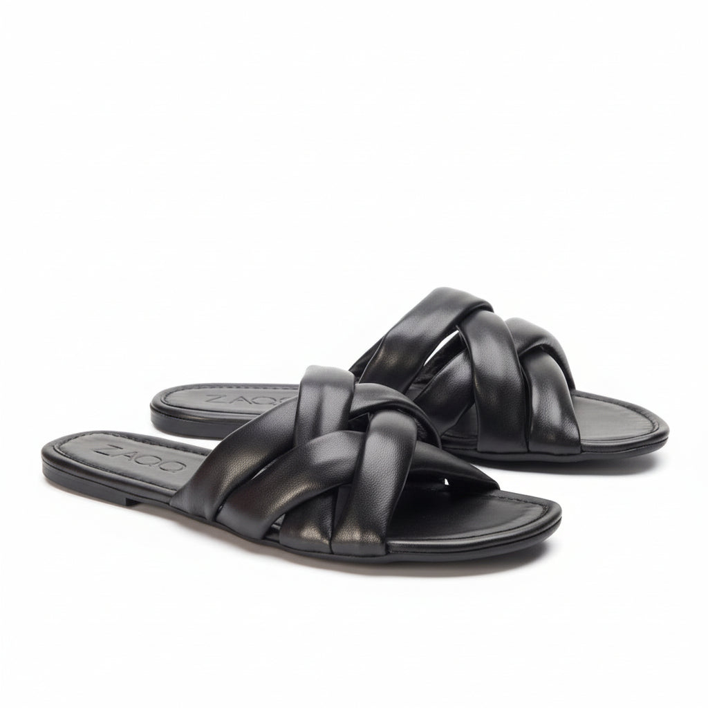 schwarze Barfußsandalen zum Reinschlüpfen mit schöner Flechtoptik