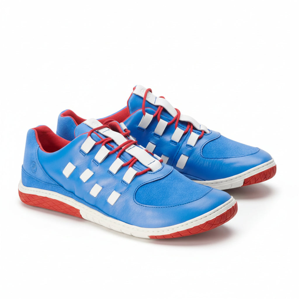 blue sneaker barefoot shoes modern with white and red accents