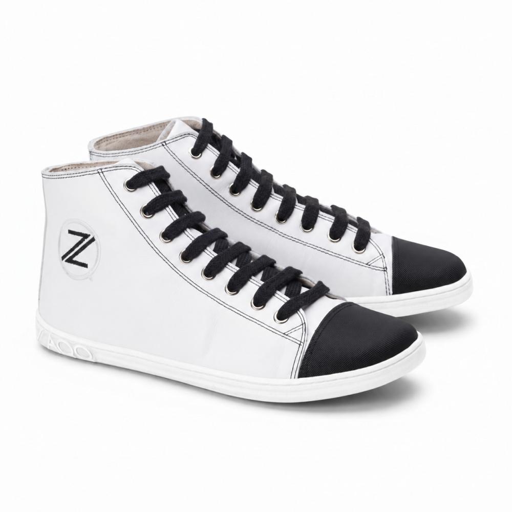 white high top sneaker made of smooth leather with black laces as barefoot shoes with an absolutely flat sole