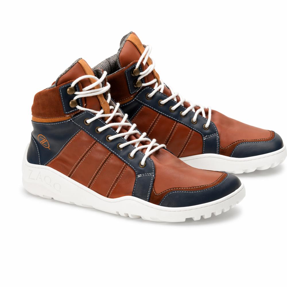 waterproof modern hiking shoes in orange-brown and dark blue from ZAQQ Barefoot shoes