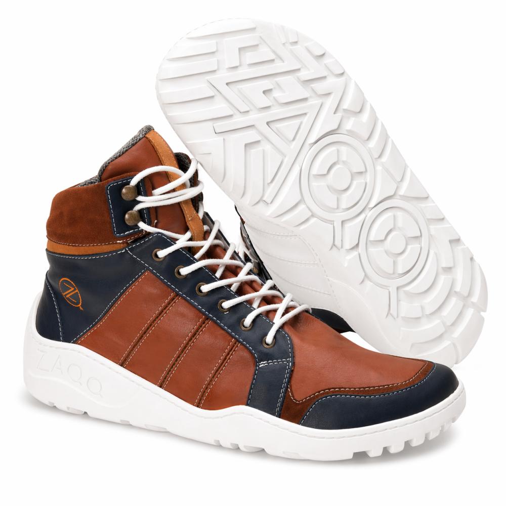 waterproof outdoor barefoot shoe in orange-brown and dark blue with Ultragrip sole